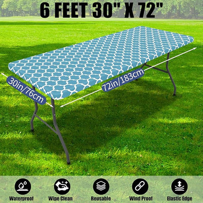 Smiry 2 Pack Rectangle Table Cloth 6 Foot, Waterproof Elastic Fitted Tablecloths, Windproof Washable Polyester Table Cover for Picnic, Camping, Outdoor (Light Blue, 30"x72")