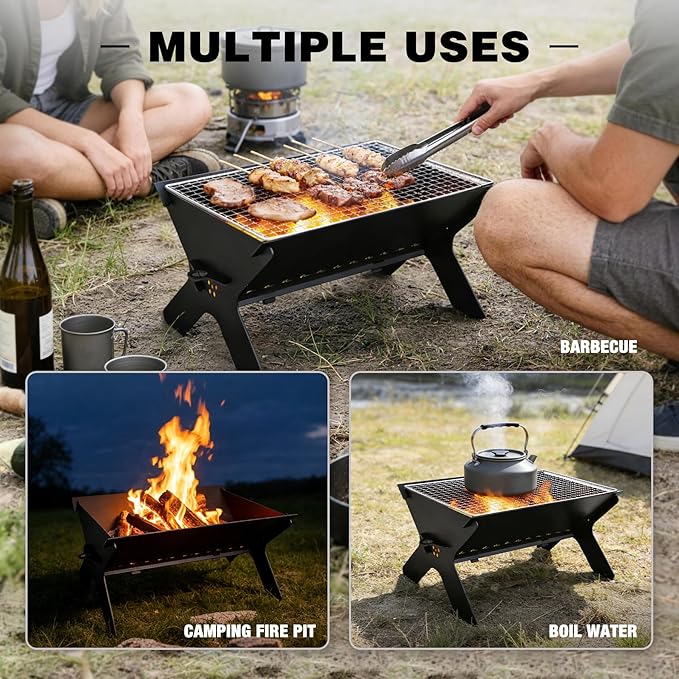 REDCAMP Portable Campfire Grill, Large Folding Stainless Steel Fire Pit with Grill & Carry Bag, Heavy Duty Charcoal BBQ Grill for Outdoor Cooking, Camping, Bonfire, Patio & Backyard