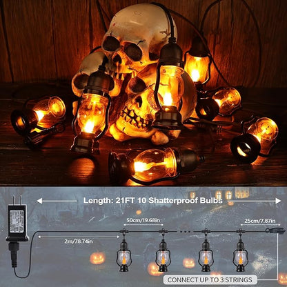Halloween Flame String Lights,21FT Orange Halloween Lights with 10 Bulb | Flickering Flame, Timer, Waterproof LED Outdoor Patio Lights for Yard Garden Bistro Porch Indoor Outdoor Halloween Decor