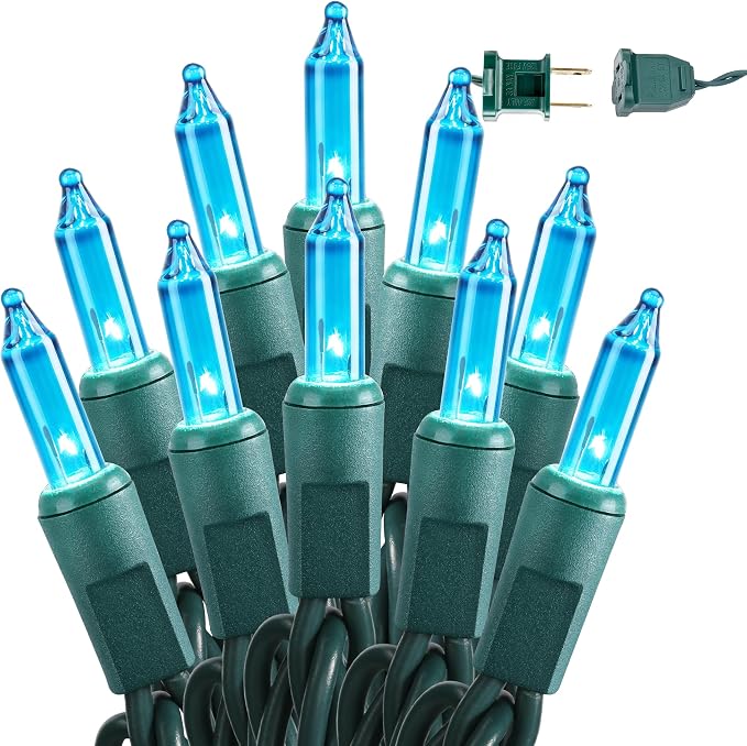 BrizLabs Teal Christmas Lights Outdoor 100 Count 19.7ft Incandescent Lights | Connectable; UL Certified; Clear Bulb Mini Christmas Lights Plugin Green Wire Indoor Outdoor Xmas Tree Holiday Party Decor