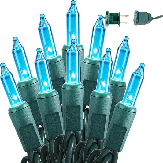 BrizLabs Teal Christmas Lights Outdoor 100 Count 19.7ft Incandescent Lights | Connectable; UL Certified; Clear Bulb Mini Christmas Lights Plugin Green Wire Indoor Outdoor Xmas Tree Holiday Party Decor