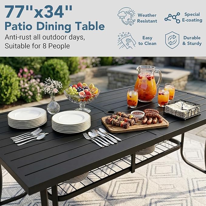 Patio Dining Table for 8, Outdoor Modern 77" Rectangular Wrought Iron Metal Table with Umbrella Hole and Unique Reinforced Stability for Garden, Backyard, Deck, Porch