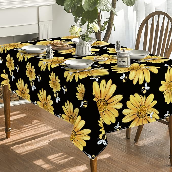 Horaldaily Summer Tablecloth 60 x 84 Inch Rectangular Yellow Sunflower | Bumble Bee Black Fall Washable Table Cover for Party Picnic Dinner Decor
