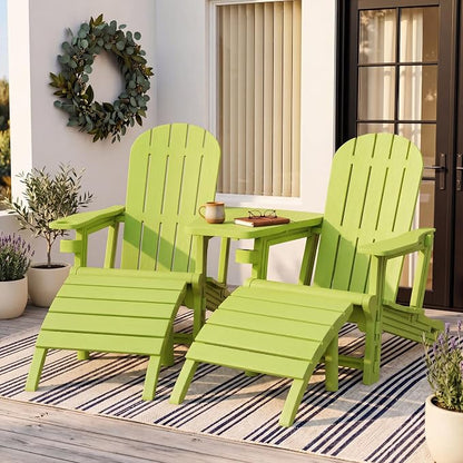 Shintenchi Adirondack Chair Set of 2,HDPE Adirondack Chairs with Umbrella Hole Connecting Tray & 2 Curved Ottoman,Plastic Outdoor Chairs with Cup Holders for Garden Backyard Pool,Green