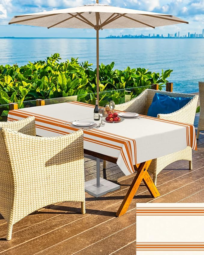 Queenker Fall Outdoor Tablecloth with Umbrella Hole, Farmhouse Orange Stripe Rectangle Tables Zippered Table Cloth Waterproof Tabletop Cover Collection for Patio, Garden, Picnic, Camping, Dining