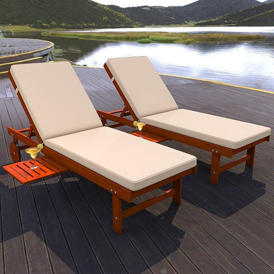 JONATHAN Y Seabrook 23.62" x 68.9" Acacia Wood Outdoor Chaise, Light Brown | 5-Position Adjustable Back, Ivory Polyester Cushion, Pull-Out Side Table, Built-In Wheels, 600lb Capacity, Modern Coastal
