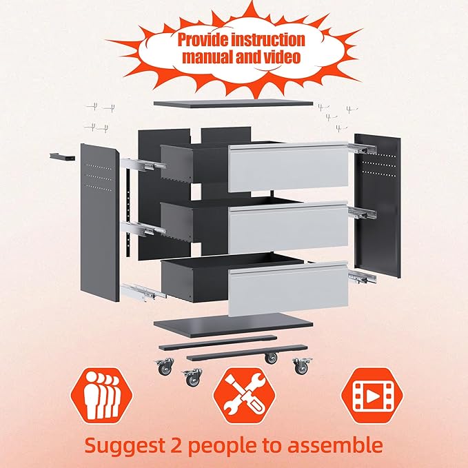 Aobabo Metal Garage Storage Cabinet with Wheels, 3 Drawer Rolling Cabinet with Lockable Wheels and Pegboards for Workshop Office, 35.43" H x 30.31" W x 18.11" D, Black/Gray, Assembly Required,