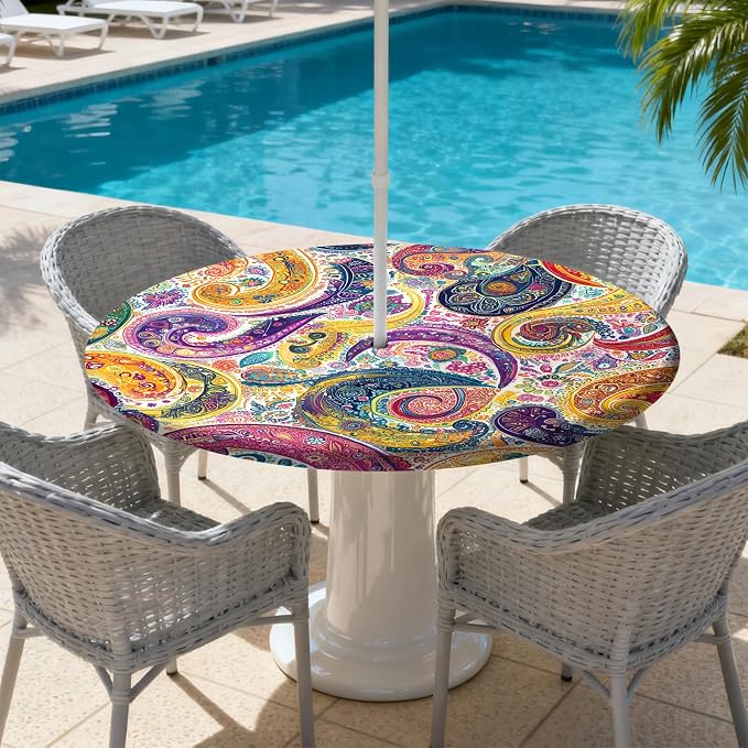 Outdoor Tablecloth with Umbrella Hole and Zipper Fits 61-65" Tables | Waterproof Round Fitted Tablecloth with Elastic Edge, Wipeable Outdoor Table Cover for Patio, Garden, Picnic