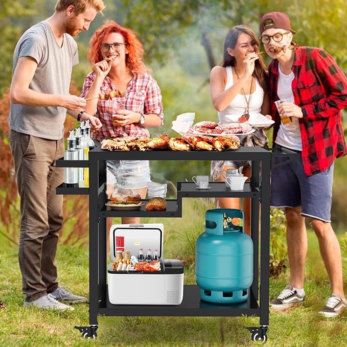 20"x 32" Three-Shelf Movable Outdoor Dining Cart Table, Multifunctional Food Prep Stand, Outdoor Grill Table with Wheels