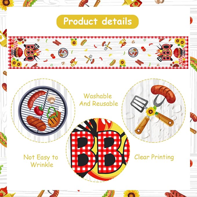 BBQ Theme Table Runner, Barbecue Picnic Linen Fabric Table Runner for Everyday Use 72 x 13 Inches, Washable Table Cover for Indoor Outdoor Kitchen Dining Table Decor