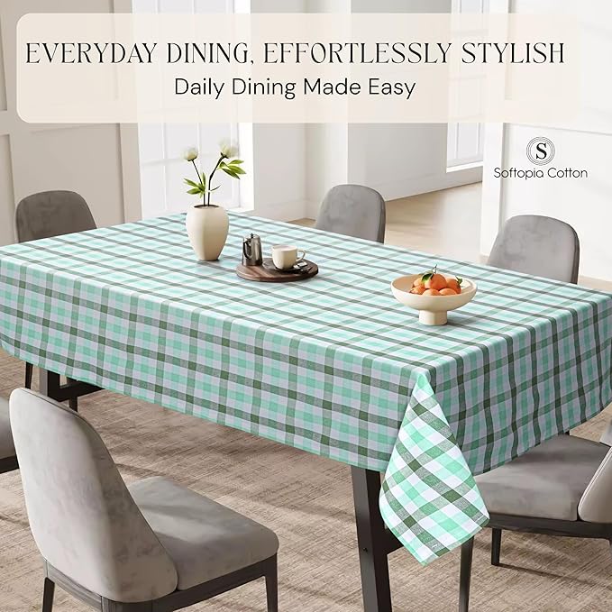 Gingham Check Tablecloth, 60x84 Inches, Everyday Plaid Dining Table Cover, 100% Cotton, Washable, Reusable Farmhouse Table Linen for Holiday Décor, Mint Green Aqua Green and White
