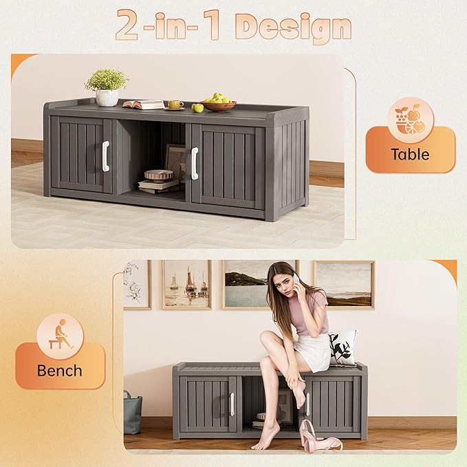 Bifanuo Shoe Storage Cabinet, 2-Door Outdoor Storage Bench with Adjustable Shelves, Waterproof UV-Resistant for Hallway, Living Room, Entryway, Large Capacity Modern Organizer (Grey)
