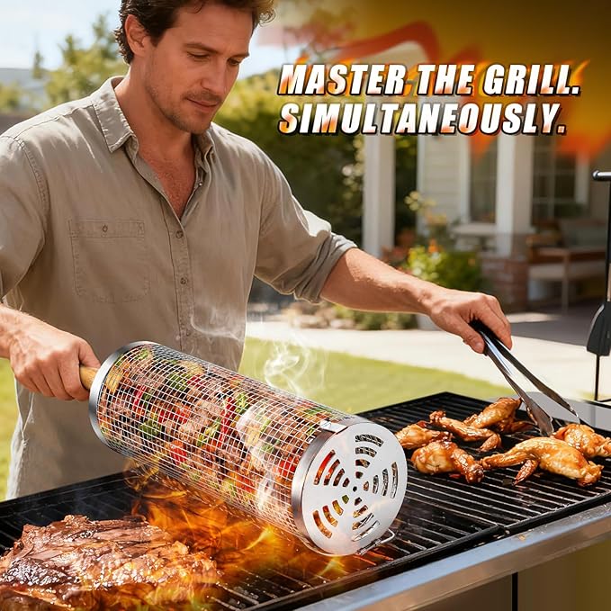 Rolling BBQ Basket for Outdoor Grill: Barbecue Smoker Grilling Baskets for Vegetable, Unique Birthday Christmas Gifts for Men Dad Husband 2pcs