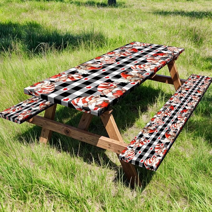 Valentine's Day Picnic Table Cover with Bench Covers, Camping Essentials, Valentines Decor Waterproof Windproof, Fitted Tablecloth Cover with Elastic Edge, Outdoor Table Covers, 3 PCS, 30x72 Inch
