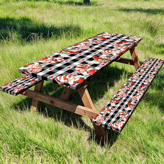 Valentine's Day Picnic Table Cover with Bench Covers, Camping Essentials, Valentines Decor Waterproof Windproof, Fitted Tablecloth Cover with Elastic Edge, Outdoor Table Covers, 3 PCS, 30x72 Inch