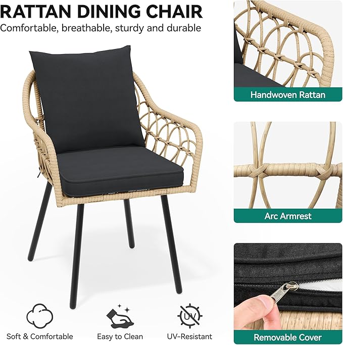 YITAHOME 5-Piece Outdoor Dining Table Set for 4, Rattan Patio Furniture Set with 4 Armchairs, Patio Table and Chairs Set with Plastic Wood Tabletop for Deck, Backyard, Black