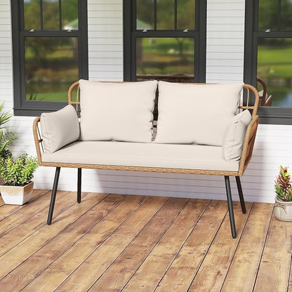 Tangkula Patio Wicker Loveseat, Outdoor 2-Seater PE Rattan Sofa with Pillows, Cushions, Metal Frame & Adjustable Foot Pads, 800 lbs Outside Couch for Porch, Backyard & Poolside (Off White, 50.5" L)