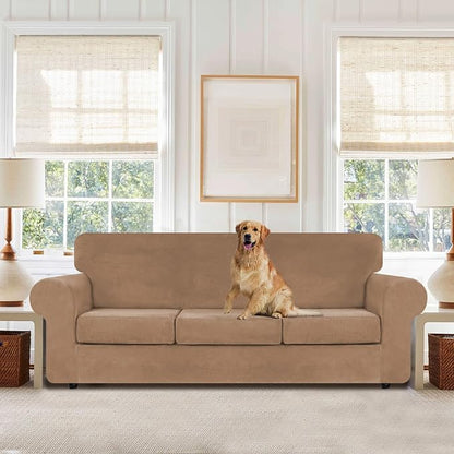 WEERRW 4 Pieces Couch Cover for Sofa Velvet Sofa Covers Washable, Camel | Sofa Covers for 3 Cushion Couch Furniture Protector Sofa Slipcovers with Non Slip Elastic Bottom, Pet Friendly, Large