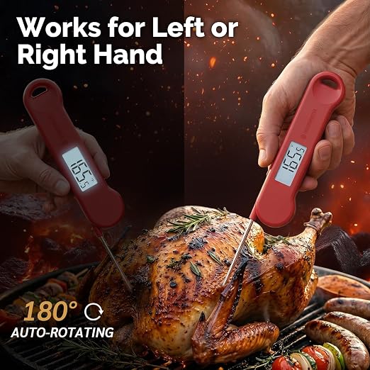 0.5 Sec Instant Read Grill Meat Thermometer Digital Food Cooking BBQ, Red | ±0.5°F Precision, Auto Flip Digital LCD Display, Ideal For Meat, Candy, Grill, BBQ, Food Thermometer for Kitchen Gadgets