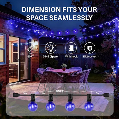 50 FT Blue Outdoor String Lights G40 Globe Shatterproof Patio Lights,26 Plastic Edison Bulbs(2 Spare) IP65 Waterproof Dimmable LED Bulbs for Backyard Porch Balcony Party Decor, E12 Base