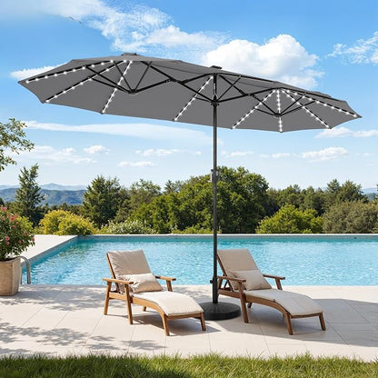 HERA'S PALACE 13 ft Patio Umbrella with 120 LED Solar Lights Double Sided Outdoor Umbrella for Patio 8 Colors Changing Table Umbrella for Garden Pool, Smoky Gray