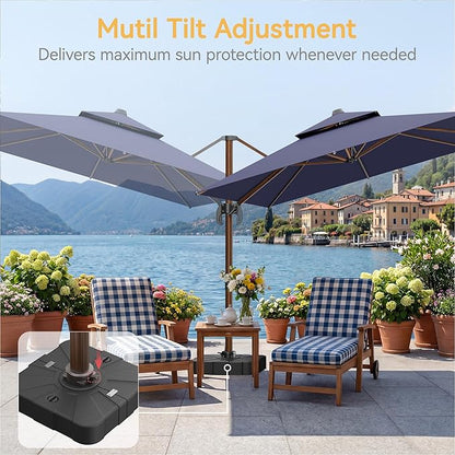 10x13 FT Wood Pattern Patio Umbrella with Base, Large Deluxe Cantilever Rectangular Double Top Heavy Duty Offset Umbrellas with 360° Rotation, Outdoor shade for Garden Pool Patio, Navy