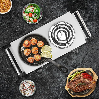 2000W Hot Plate,Portable Electric Stove Countertop Double Coil Burners W/5 Level Temperature Control & Stay Cool Handles, Easy to Clean, Lightweight Cast Iron Electric Stove for RV/Home/Camp 110V