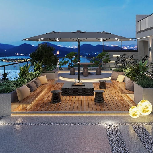 15FT Outdoor Patio Umbrella,Double-Sided Rectangle Market Umbrella with 36 LED Solar Lights & Base,UV50+ Weather-Resistant Oversized Outdoor Umbrella,Crank Lift,3-Way Shade for Pool,Garden,Backyard