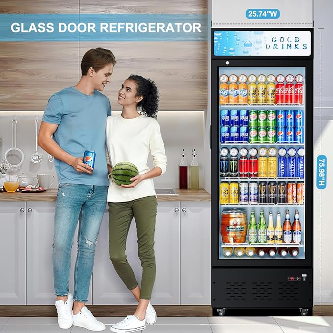 25.7'' W Commercial Refrigerators with Glass Door, 15 Cu.ft. Beverage Refrigerators Commercial Fridge Upright Display Cooler with Soft LED Light and Adjustable Shelves for Restaurant Stores
