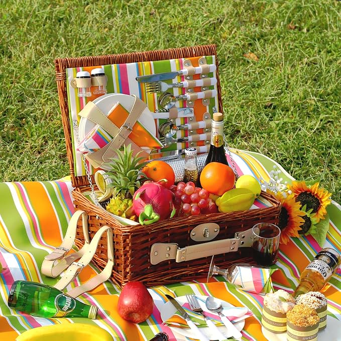Wicker Picnic Basket Set for 4, Blanket, Cooler Bag, Rainbow Stripe | Four-Person Wicker Set Includes Tableware, Insulated Food Storage and Waterproof Blanket for Parks, Camping, Dates and Gifts