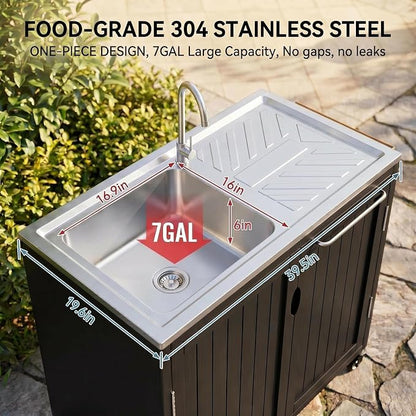 Outdoor Kitchen Island with 304 Stainless Steel Sink and Large Storage Cabinet,40-Inch BBQ Prep Station with Sink & 360 Lockable Wheels for Patio,Solid Wood Grill Cart，Backyard, Outdoor Party, Black