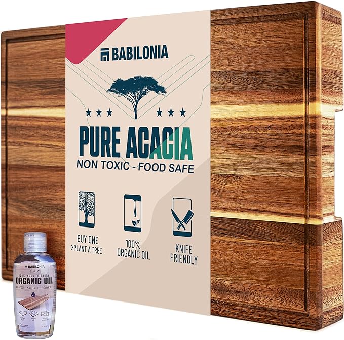 XXL Acacia Cutting Board for Kitchen 24 x 15 Inch (ExtraThick 1.6") Non Toxic Wood Chopping Board for Meat, Cheese, Wooden Charcuterie Boards with Handle, Hardwood Butcher Block (Oil & Plate Included)