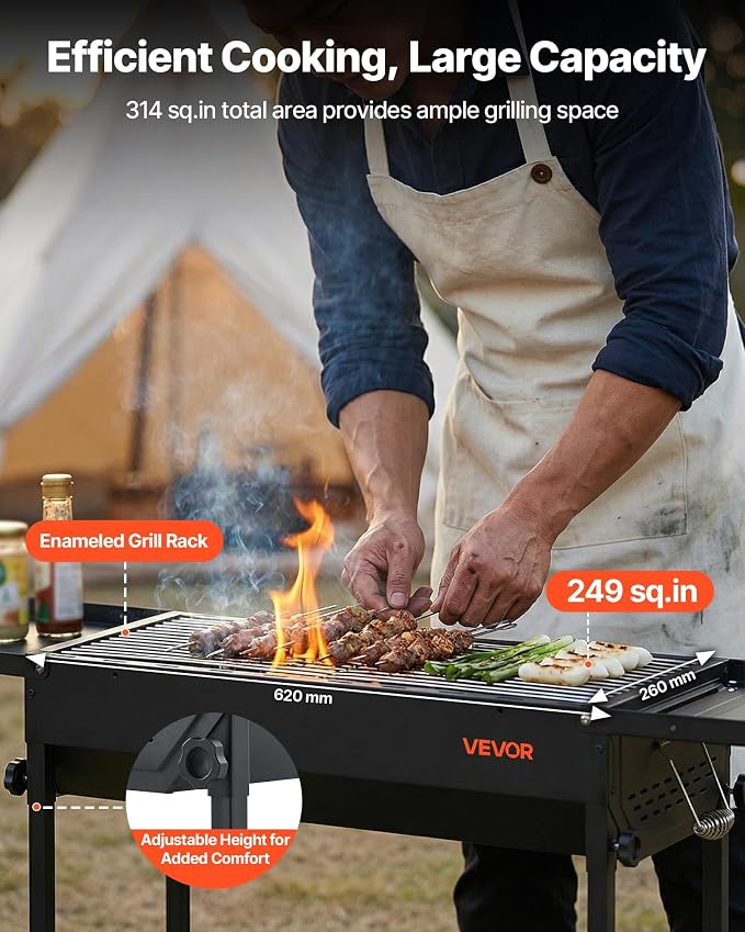 VEVOR Foldable Charcoal Grill, Portable Charcoal Barbecue Grill with Adjustable Height & Folding Side Tables, High-Temp Powder-Coated Steel Outdoor BBQ Grills for Camping Backyard Parties
