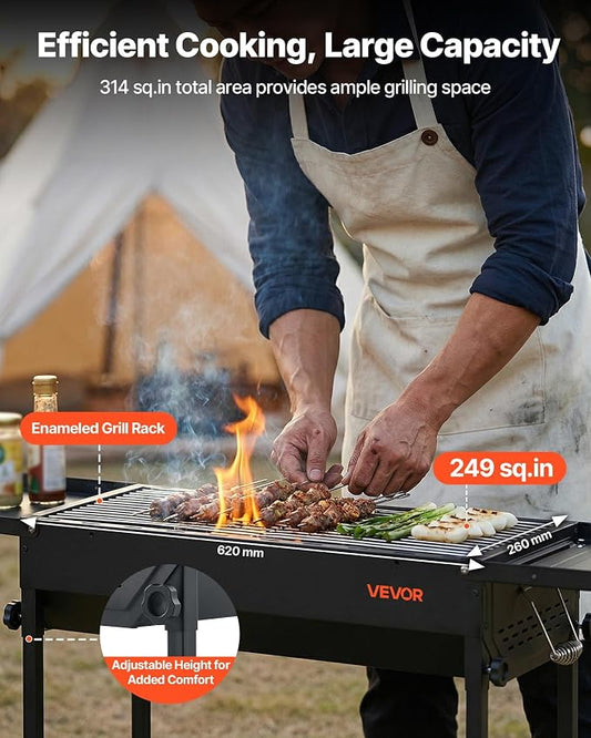 VEVOR Foldable Charcoal Grill, Portable Charcoal Barbecue Grill with Adjustable Height & Folding Side Tables, High-Temp Powder-Coated Steel Outdoor BBQ Grills for Camping Backyard Parties