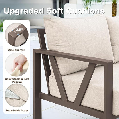 Outdoor Furniture Set, 6 Pieces Outdoor Patio Couch Sectional, L Shaped Metal Outdoor Patio Corner Sofa with 6” Thick Cushions, Outdoor Seating Conversation Set, Upgrade Beige