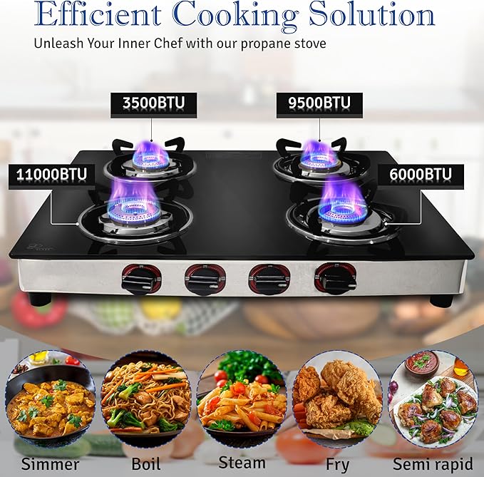 24 inch Gas Cooktop - Tempered Glass Gas Stove with 4 Burner & Stainless Steel Lower Body - Counter top GasStove for RV Propane Stove, Apartment, or Outdoor use with Hose Pipe & Regulator