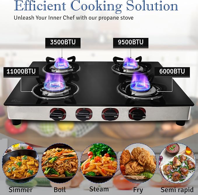 Gas Stove with 4 Burner, Propane Gas Cook Top Tempered Glass RV | Stove, Portable Stainless Gas Stove Burners for Cooking with Hose & Regulator to Connect Propane Tank