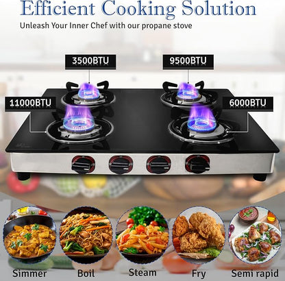 Gas Stove with 4 Burner, Propane Gas Cook Top Tempered Glass RV | Stove, Portable Stainless Gas Stove Burners for Cooking with Hose & Regulator to Connect Propane Tank