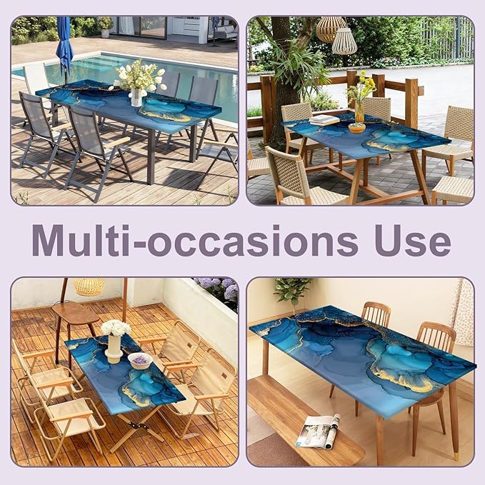 Marble Picnic Table Cover with Table Cover, Elastic Tablecloth for Outdoor Picnic Tables, Blue Ocean and Gold Texture Design, Tablecloth for Camping, Barbecue and Terrace Dining