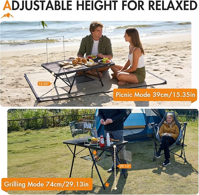 Portal 4 ft Folding Camping Grill Table Heavy Duty Portable Outdoor for BBQ | Iron Mesh Folding Grill Table with 2 Adjustable Heights(15" & 29"), Heat-Resistant Tabletop for BBQ & Outdoor Cooking Gray