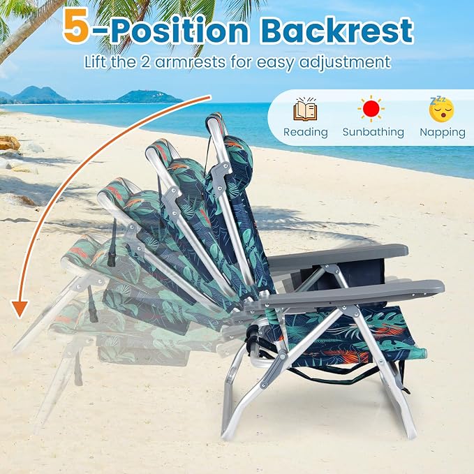 GYMAX Beach Chairs, Backpack Camping Chair | with Armrest, Cooler Bag, Cup Holder & Towel Bar, Sunbath Tanning Lounge, Folding Layout Chair (Without Table, Flower)