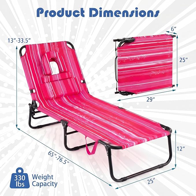 Goplus Tanning Chair, Folding Beach Lounge Chair with Face Hole, Removable Pillow, Carry Strap, Position Adjustable, Sunbathing Chair, Portable Outside Lounge Chair for Patio Pool
