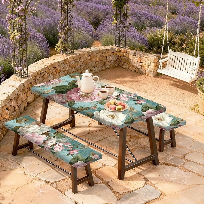 Floral Picnic Tablecloth with Table Cover, Waterproof Elastic Tablecloth for Outdoor Picnic Table, Retro Peony Design, Fits 72in Tables