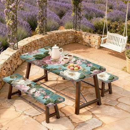 Floral Picnic Tablecloth with Table Cover, Waterproof Elastic Tablecloth for Outdoor Picnic Table, Retro Peony Design, Fits 72in Tables