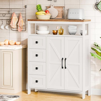 Vabches Farmhouse Storage Cabinet with 2 Doors and 4 Drawers, Freestanding Bathroom Storage Cabinets, Kitchen Pantry Cabinet, Floor Hutch Cupboard for Kitchen/Living Room/Bathroom(Unique White).