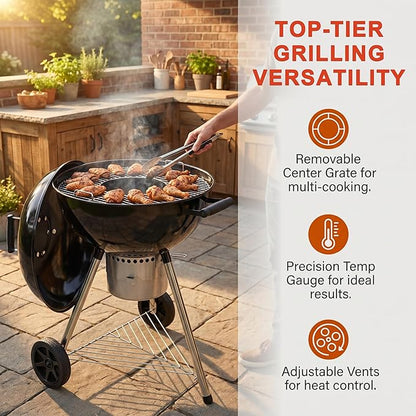 Elitzia 22 Inch Classic Kettle Charcoal Grill Portable Outdoor Round Enamel BBQ Grill with Removable Center Grate with Thermometer Chrome Plated Cooking Grid for Backyard Camp Patio Gathering ETBBQ03