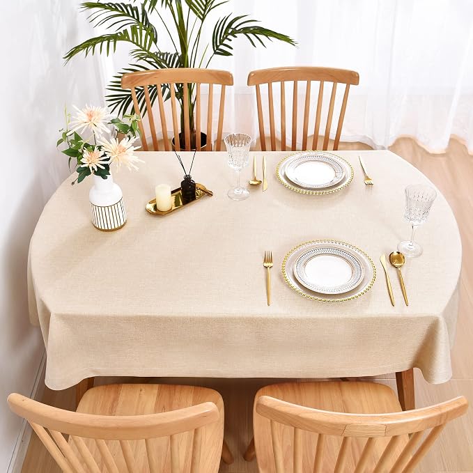 Wolkemer Faux Linen Small Oval Tablecloth Heavy Duty Wrinkle Resistant Fabric Table Cloths 52 x 70 Inch Beige Farmhouse Rustic Table Cover for Kitchen Dining Indoor Outdoor Tabletop Decoration
