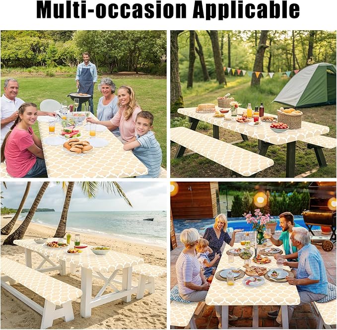 Smiry Picnic Table Cover with Bench Covers, Waterproof Elastic Fitted Tablecloth for 5 Foot Tables, Washable Polyester Tablecloths for Camping, Indoor & Outdoor (Beige, 30x60 Inch 3-pc Set)