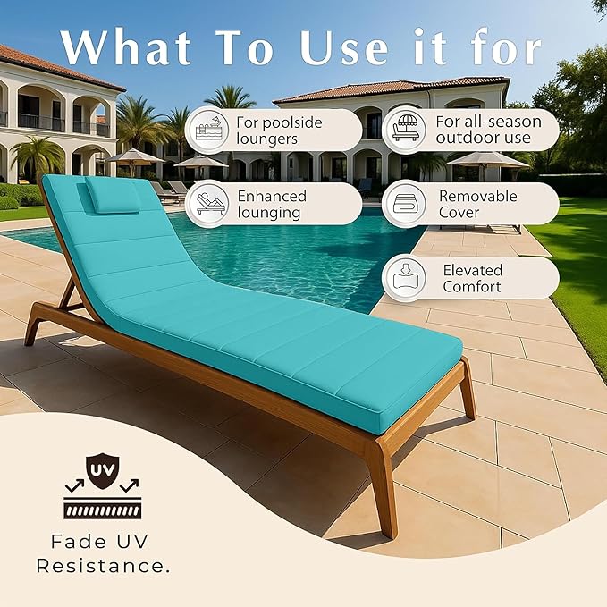 Quilted Chaise Lounge Outdoor Patio Furniture Cushions | Water-Resistant Patio Chair Cushions | Durable, High-Density Foam Outdoor Chair Cushions - Teal, 74"x23" (Chair Not Included)