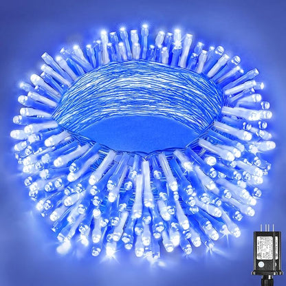 Vivideal 300 LED Christmas Lights Outdoor, 100ft Christmas String Lights 8 Modes Plug in Waterproof Fairy Lights with Timer Memory for Indoor Outside Bedroom Home Party Decoration, Blue&White